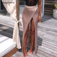 Beyprern Casual Metallic Solid Rose Gold Ankle Length Skirt New Summer Women Silver High Quality Hollow Out Skirt Beach Wear